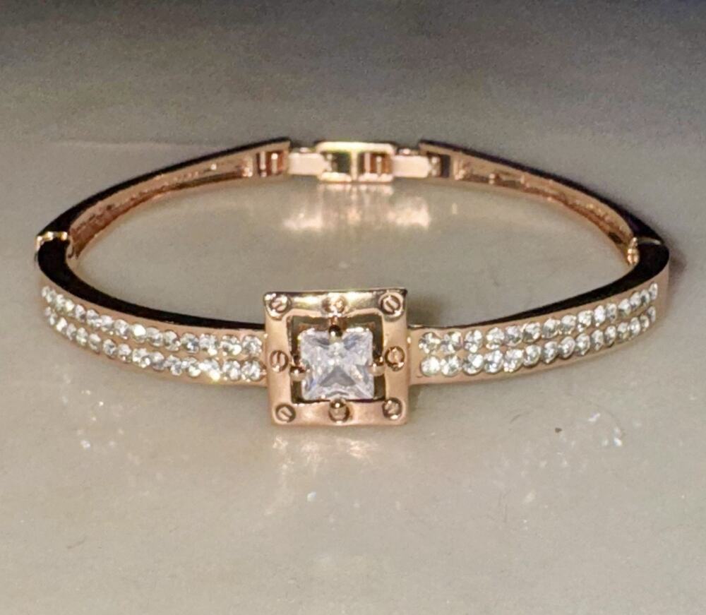 Rose Gold Tone Square Cut Rhinestone Bracelet Bangle Elegant Statement Jewelry